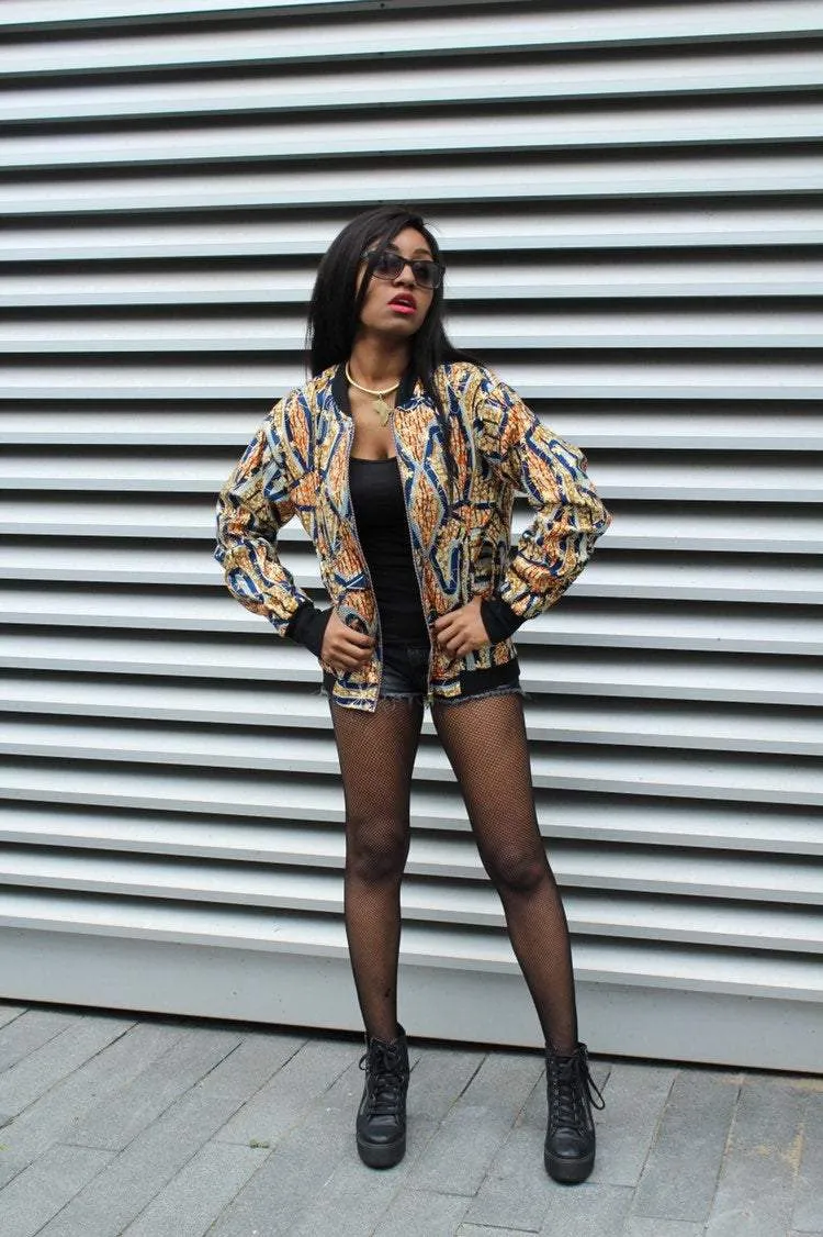 Festival Bomber Jacket in Gold Blue Ankara