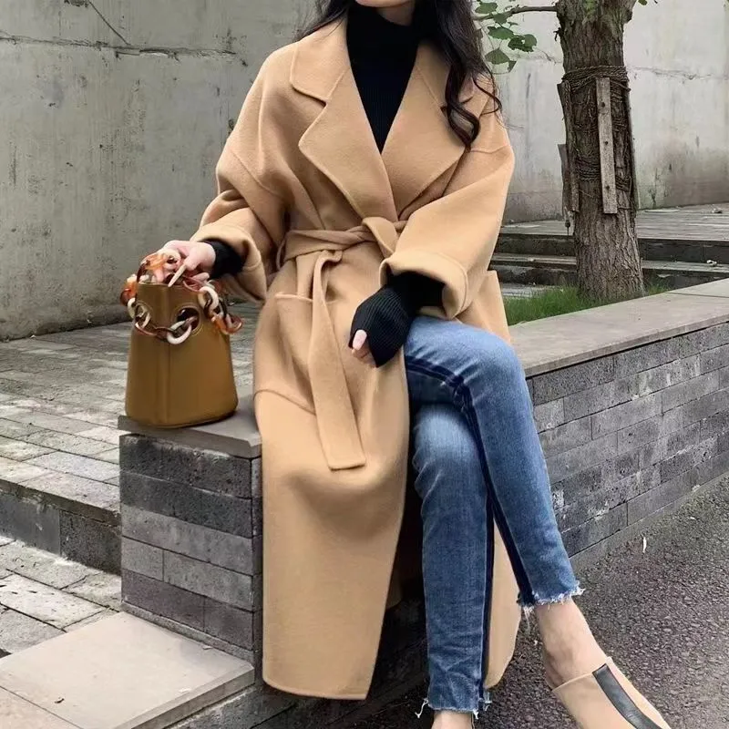 Free Shipping Camel Cashmere long Wool Trench Coat Womens