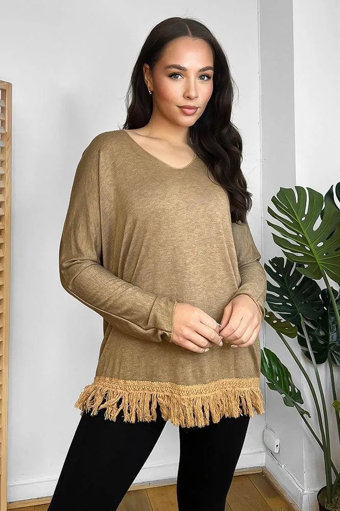 Fringed Hem Lightweight V-Neck Tunic