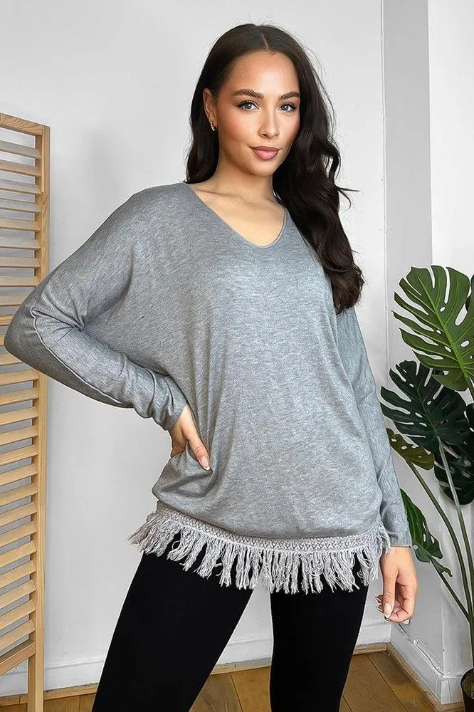 Fringed Hem Lightweight V-Neck Tunic