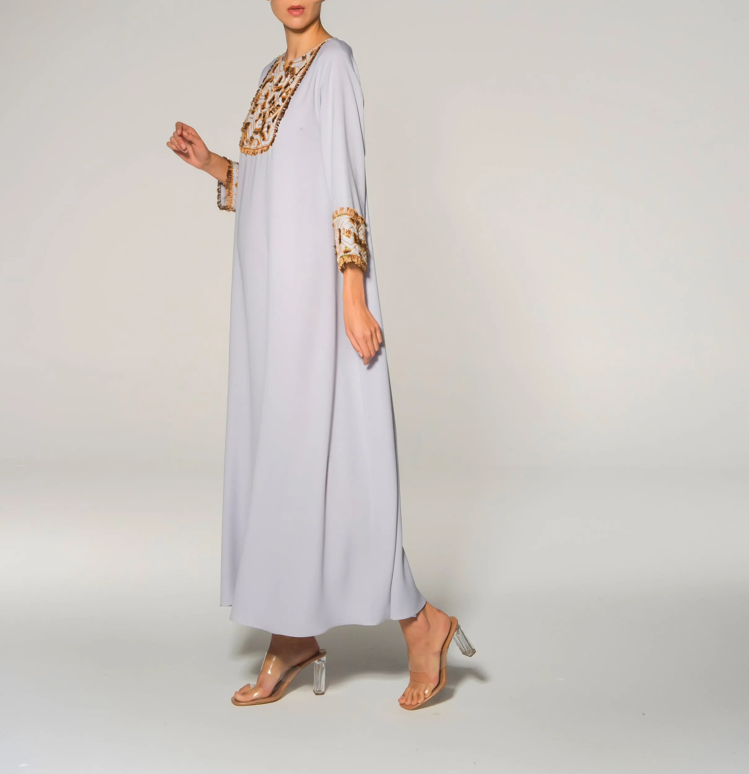 Grey Gold Embroidery Embellishment Kaftan