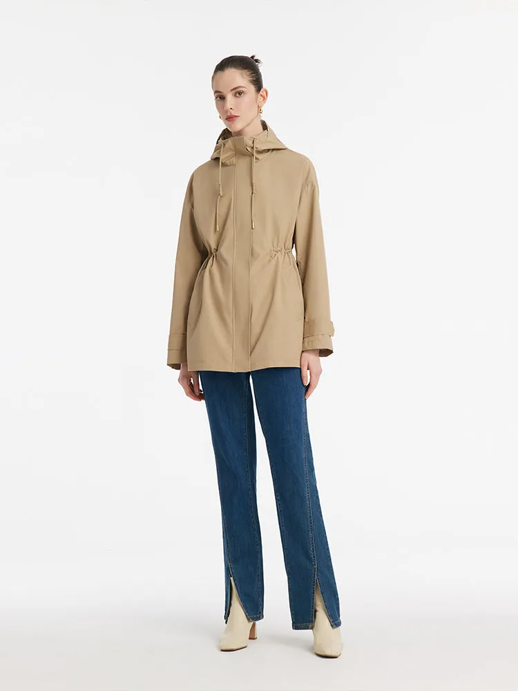 Hooded Stand Collar Gathered Waist Women Trench Coat