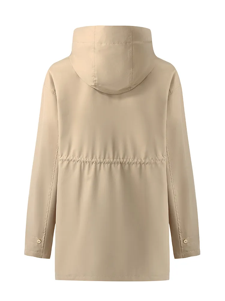 Hooded Stand Collar Gathered Waist Women Trench Coat