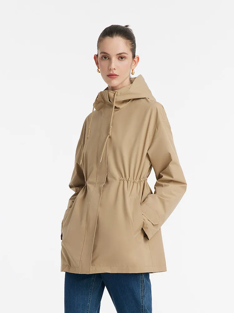 Hooded Stand Collar Gathered Waist Women Trench Coat