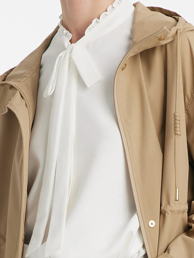 Hooded Stand Collar Gathered Waist Women Trench Coat