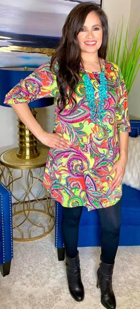 Large * Paradise Neon Paisley Scoop Tunic