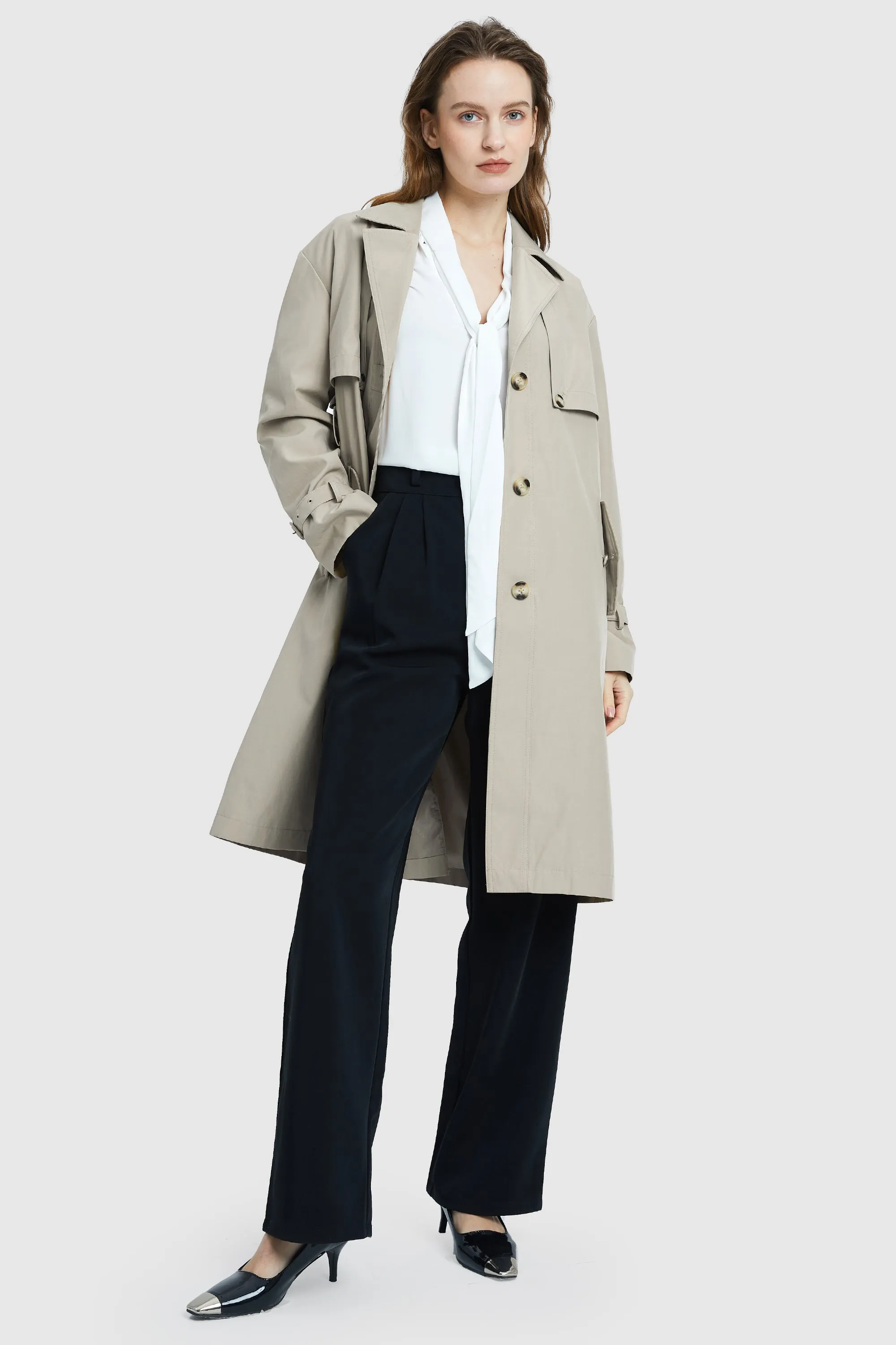 Long Single Breasted Trench Coat with Belt