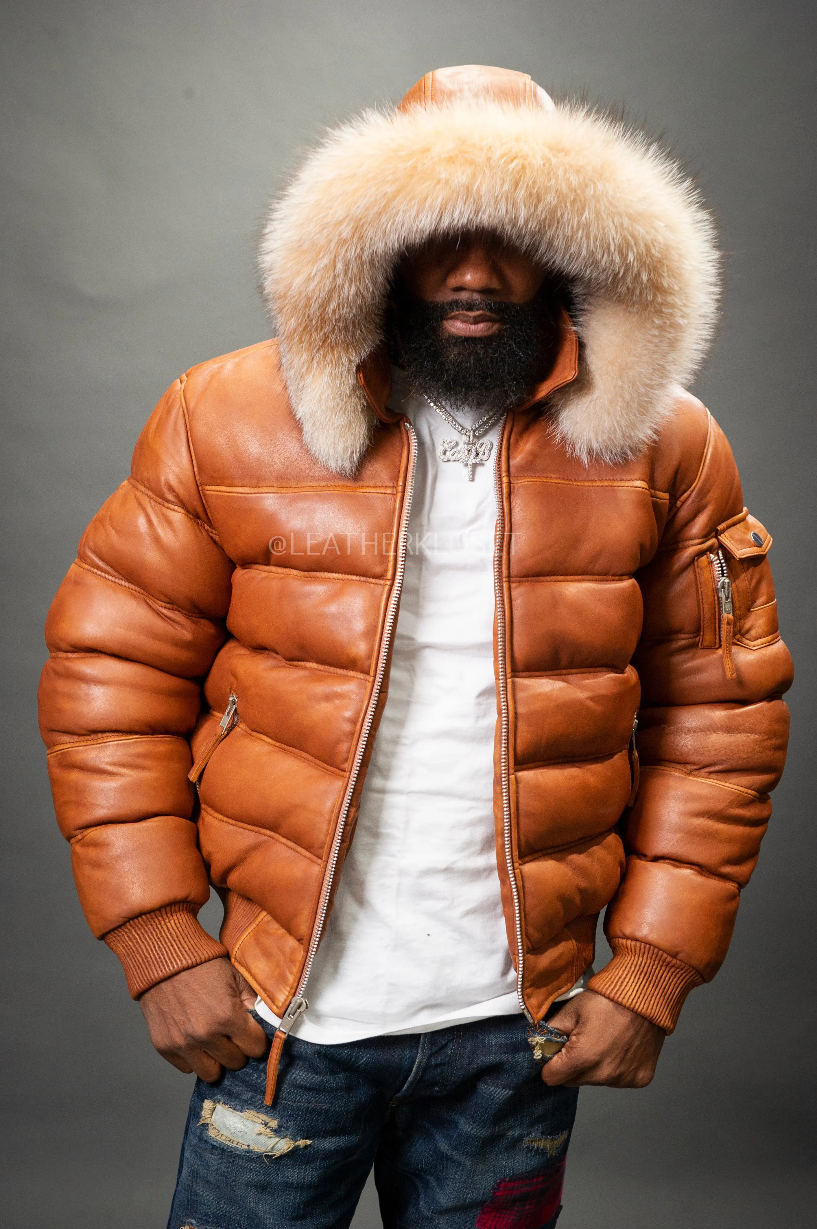 Men’s Aspen Leather Bubble Bomber Jacket [Caramel Crunch]