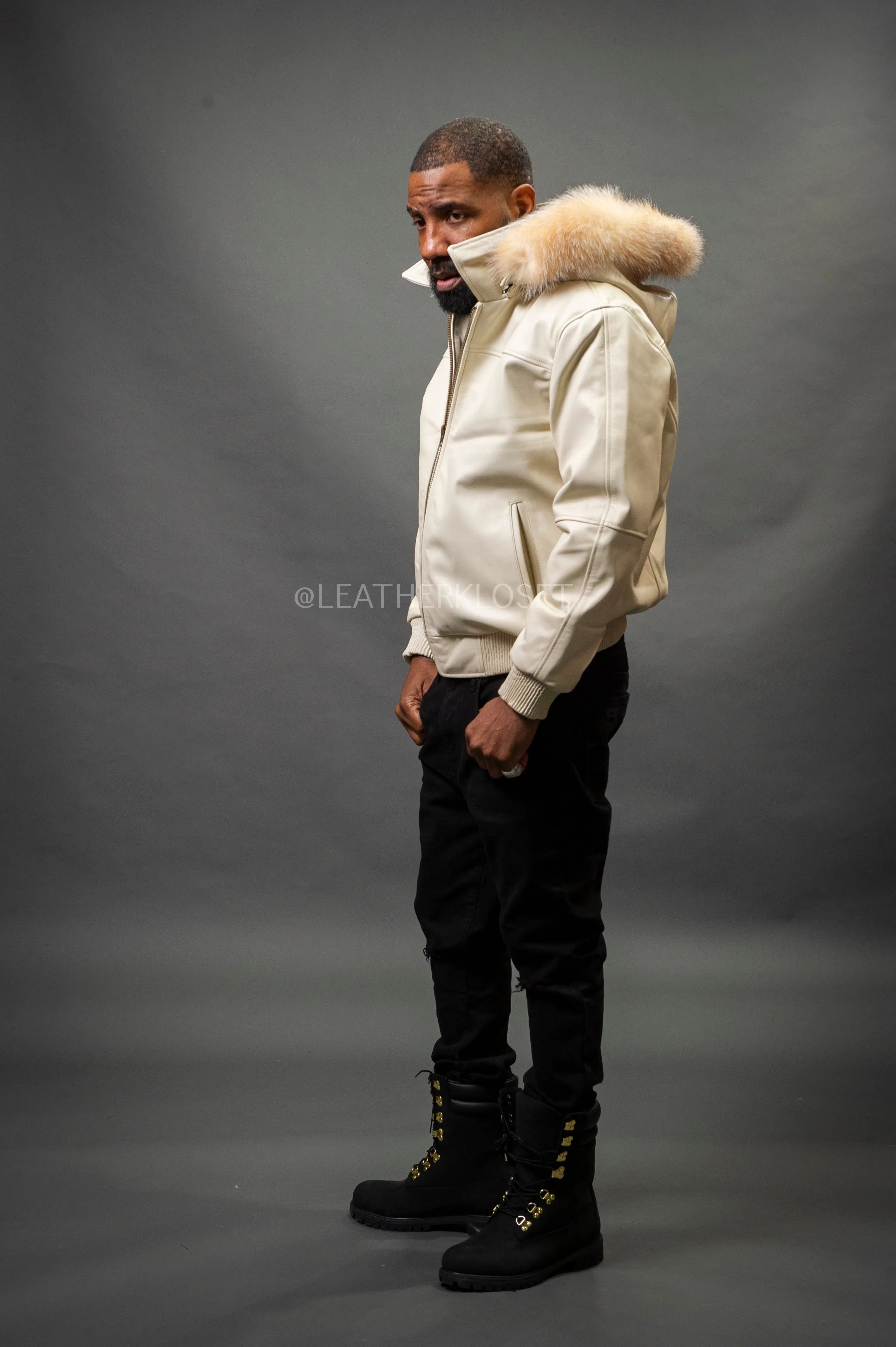 Men's Classic Baseball Jacket With Fox Hood [Beige]