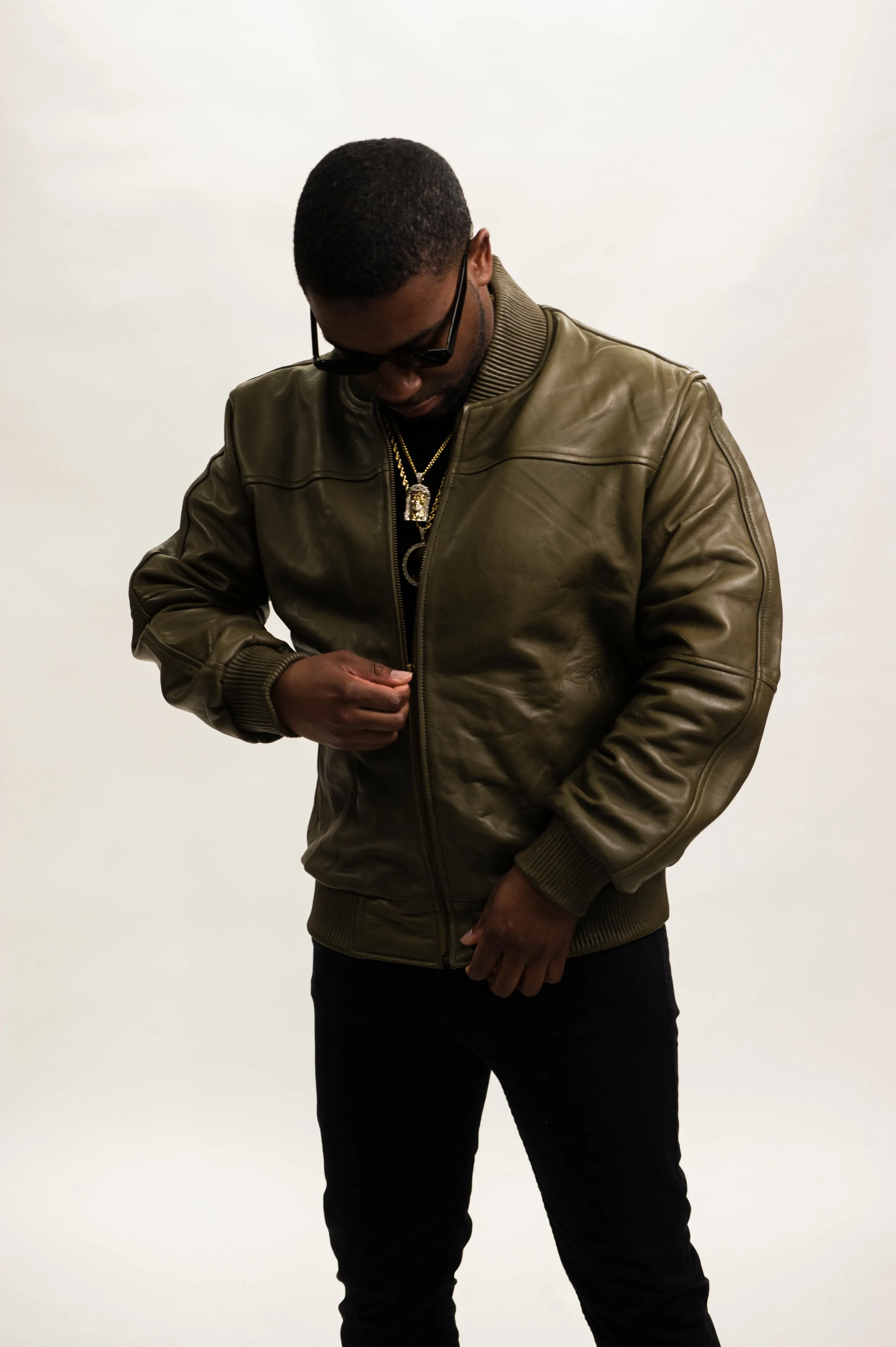 Men's Classic Baseball Leather Jacket Olive Green