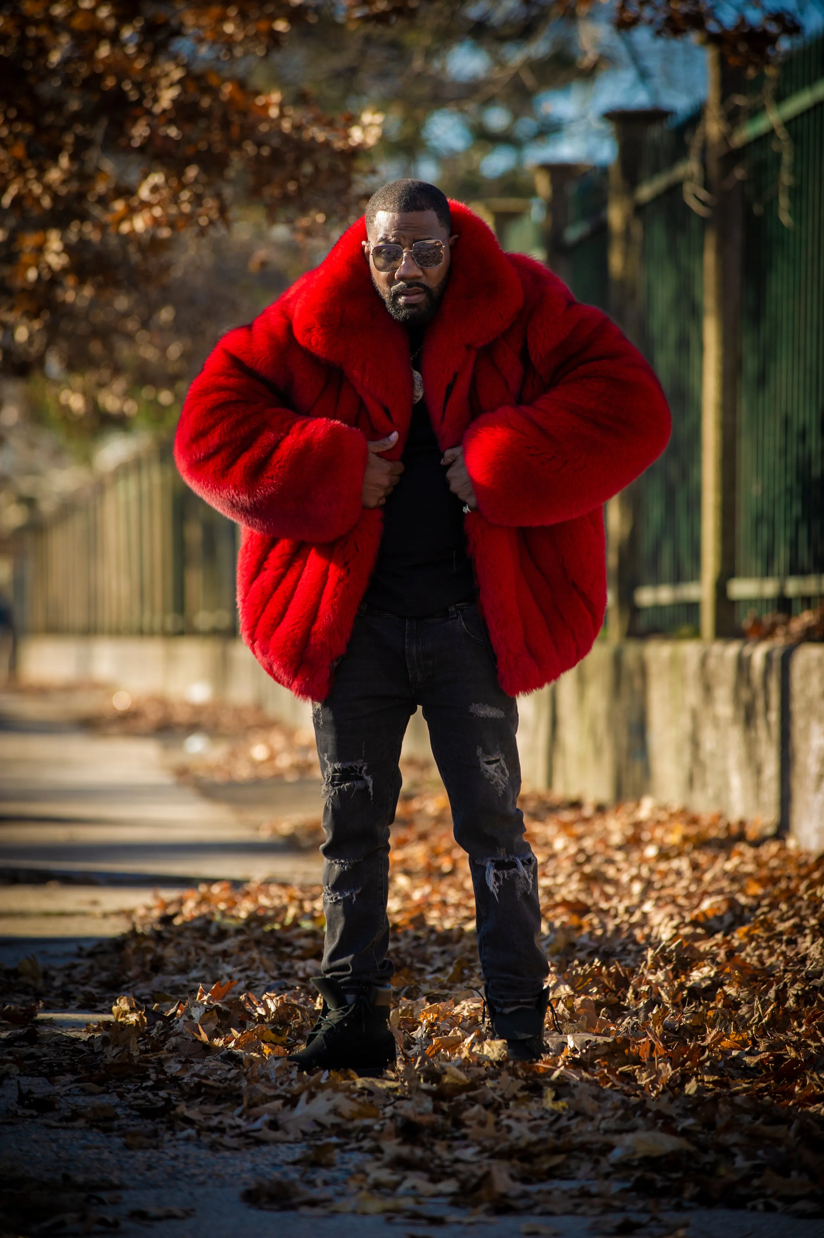 Men's Crystal Fox Fur Bomber Jacket [Red]