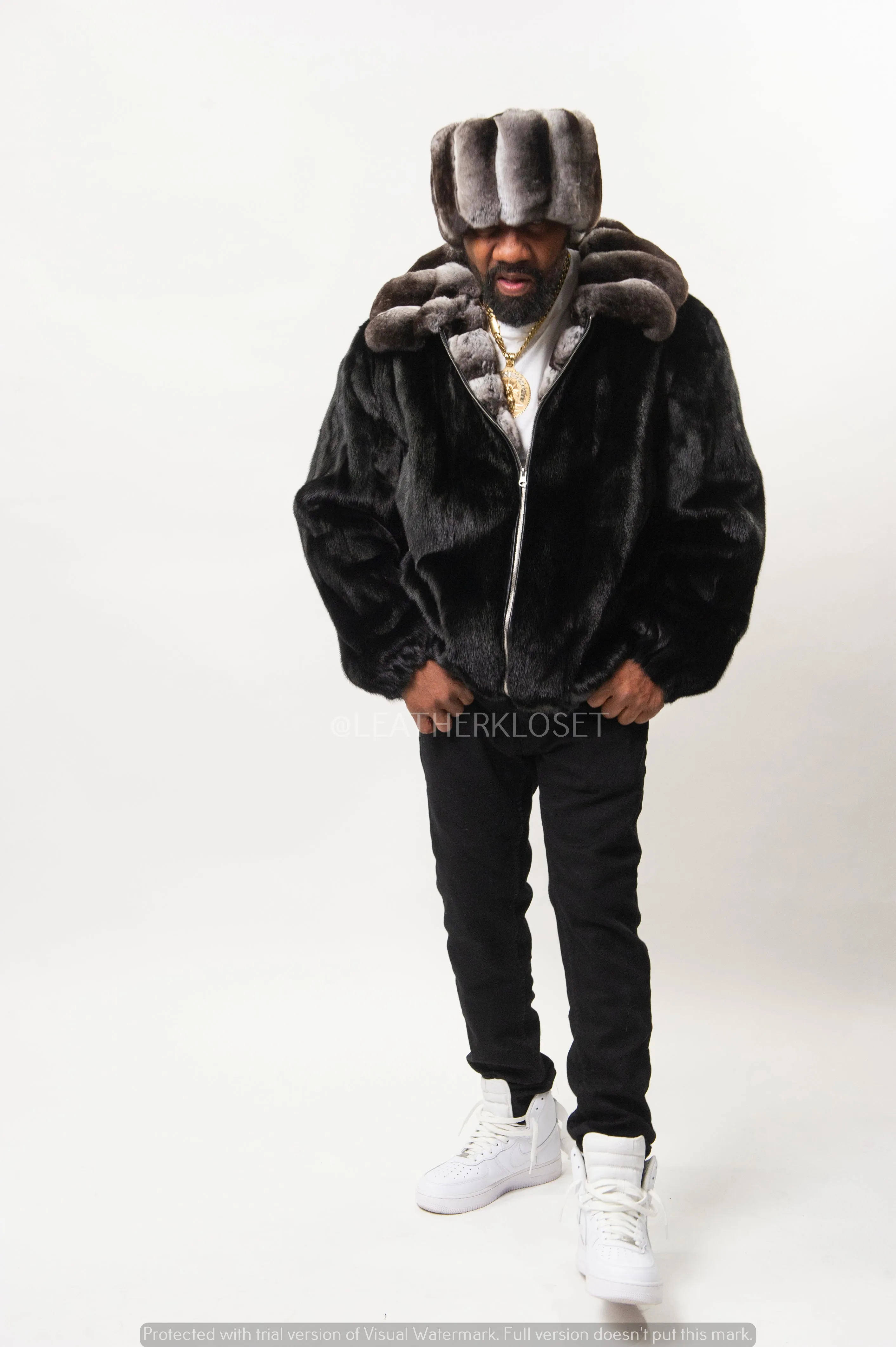 Men's Mink Bomber Jacket With Chinchilla Collar [Black]