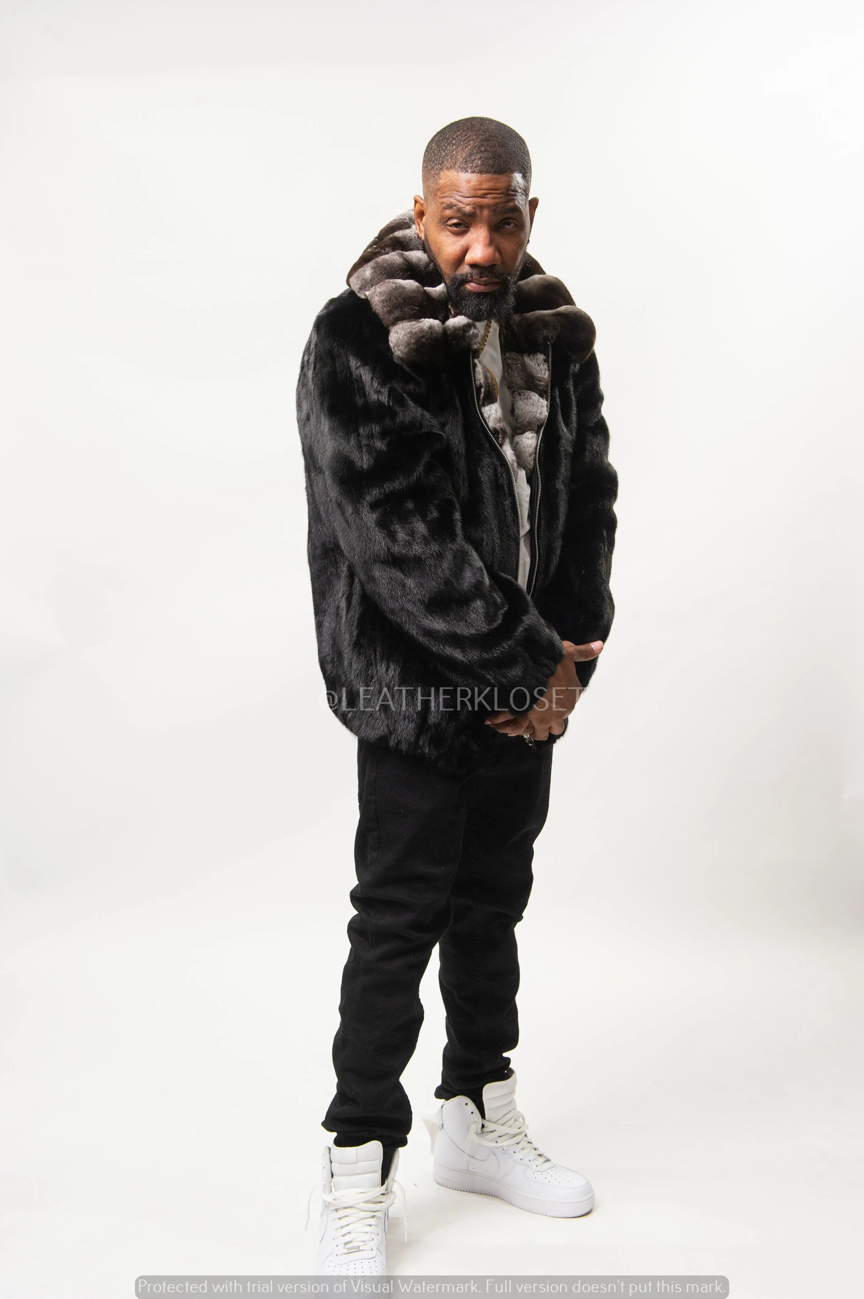 Men's Mink Bomber Jacket With Chinchilla Collar [Black]