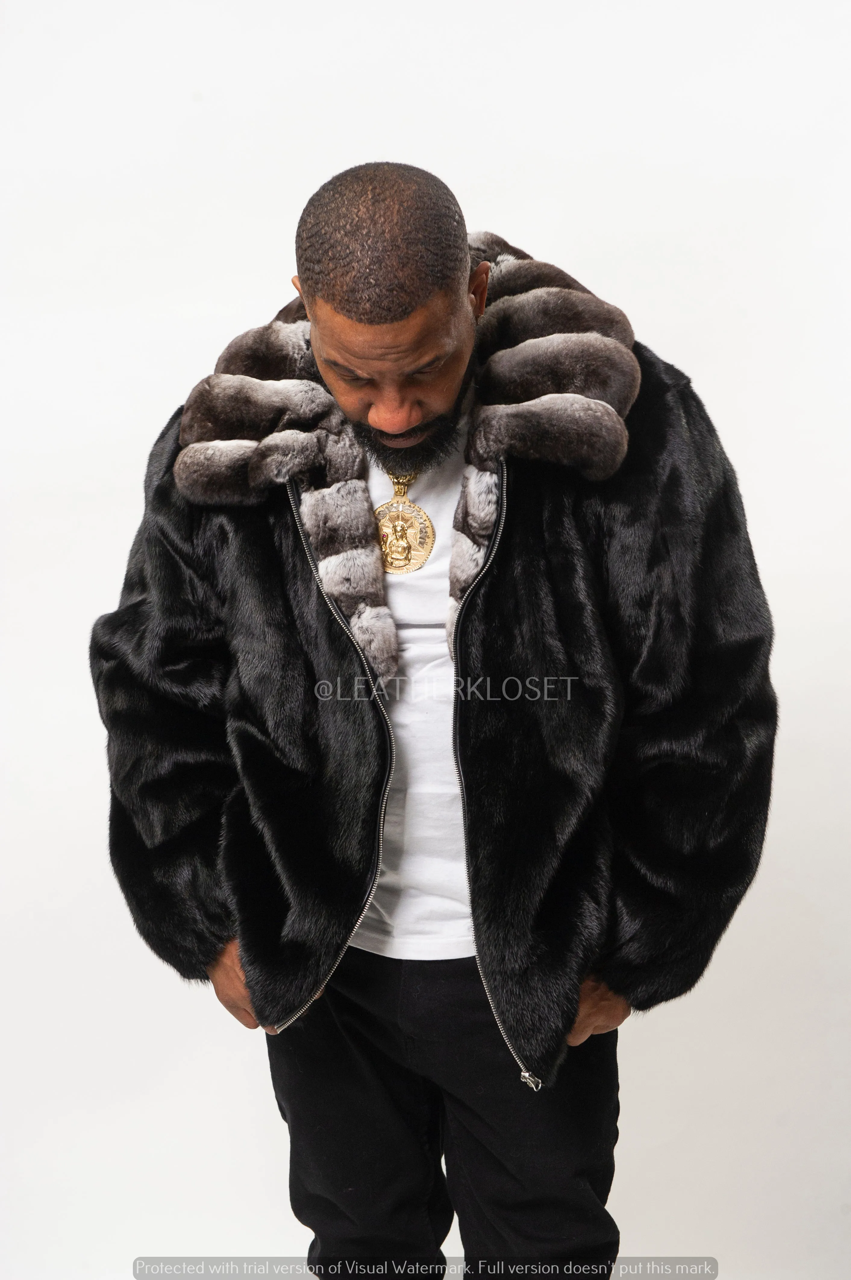 Men's Mink Bomber Jacket With Chinchilla Collar [Black]