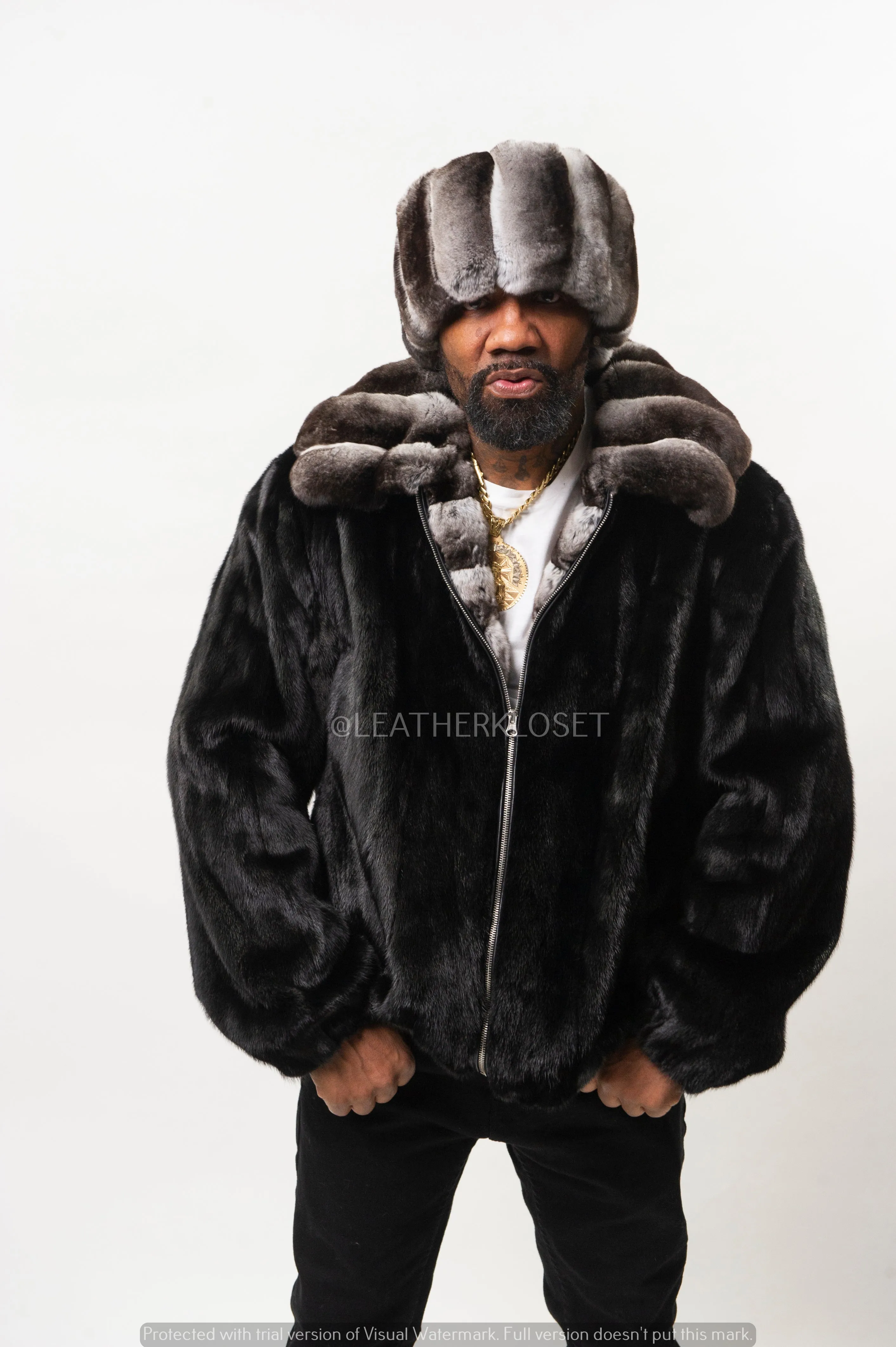 Men's Mink Bomber Jacket With Chinchilla Collar [Black]