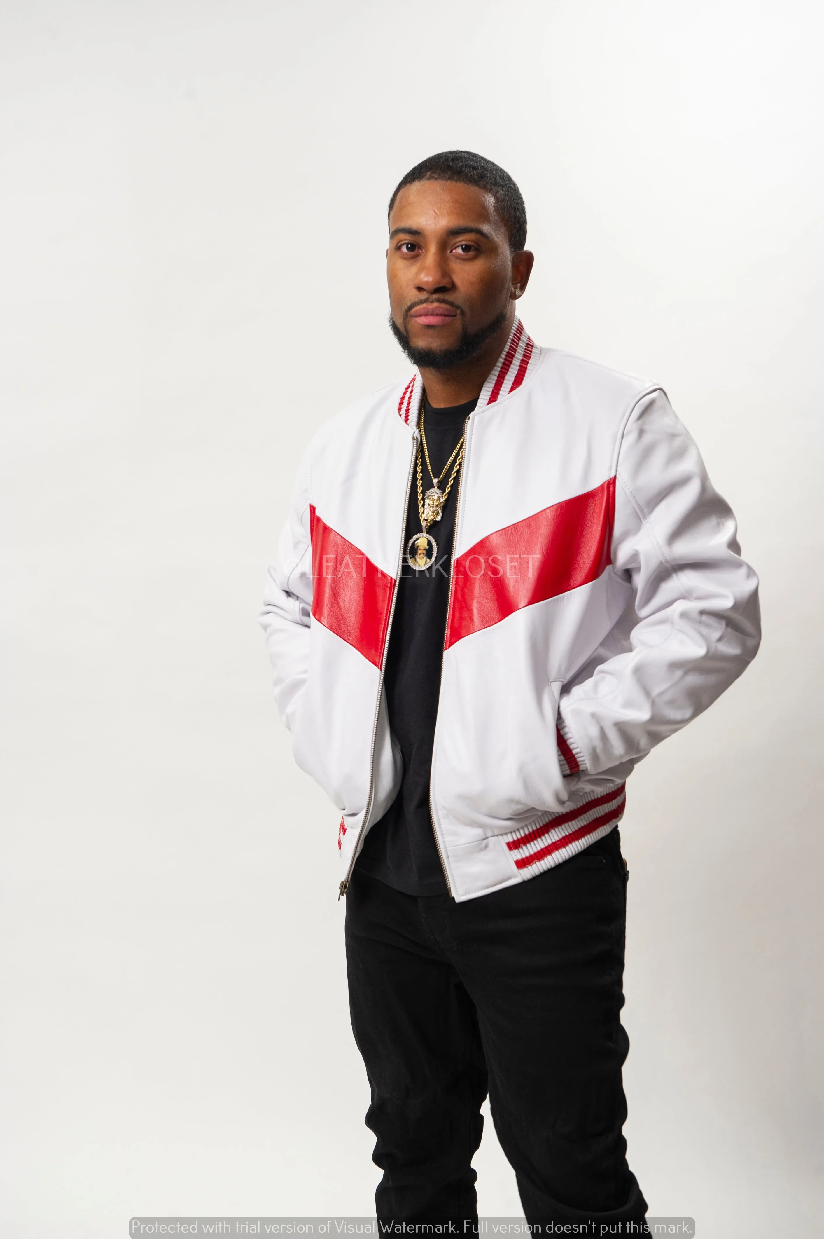 Men's V-Bomber Baseball Jacket [White/Red]