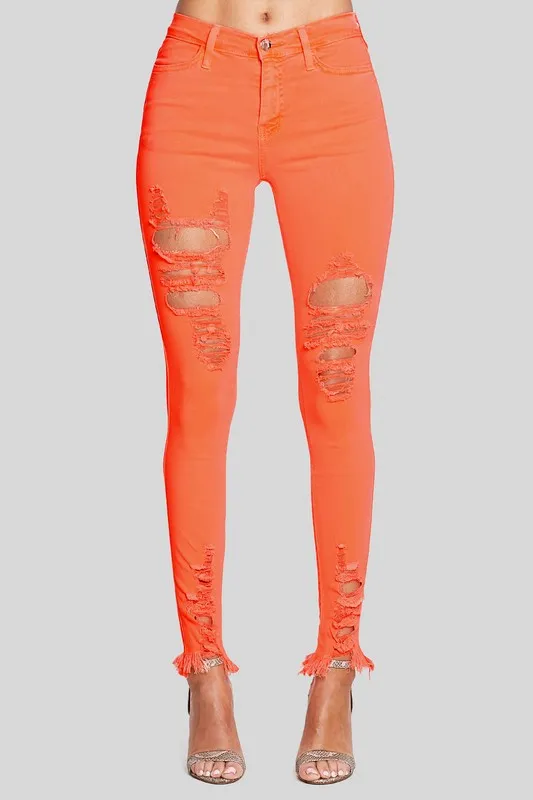 Neon Orange Distressed Jeans