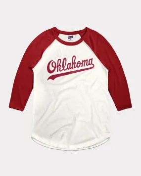 Oklahoma Baseball Script White & Cardinal Raglan