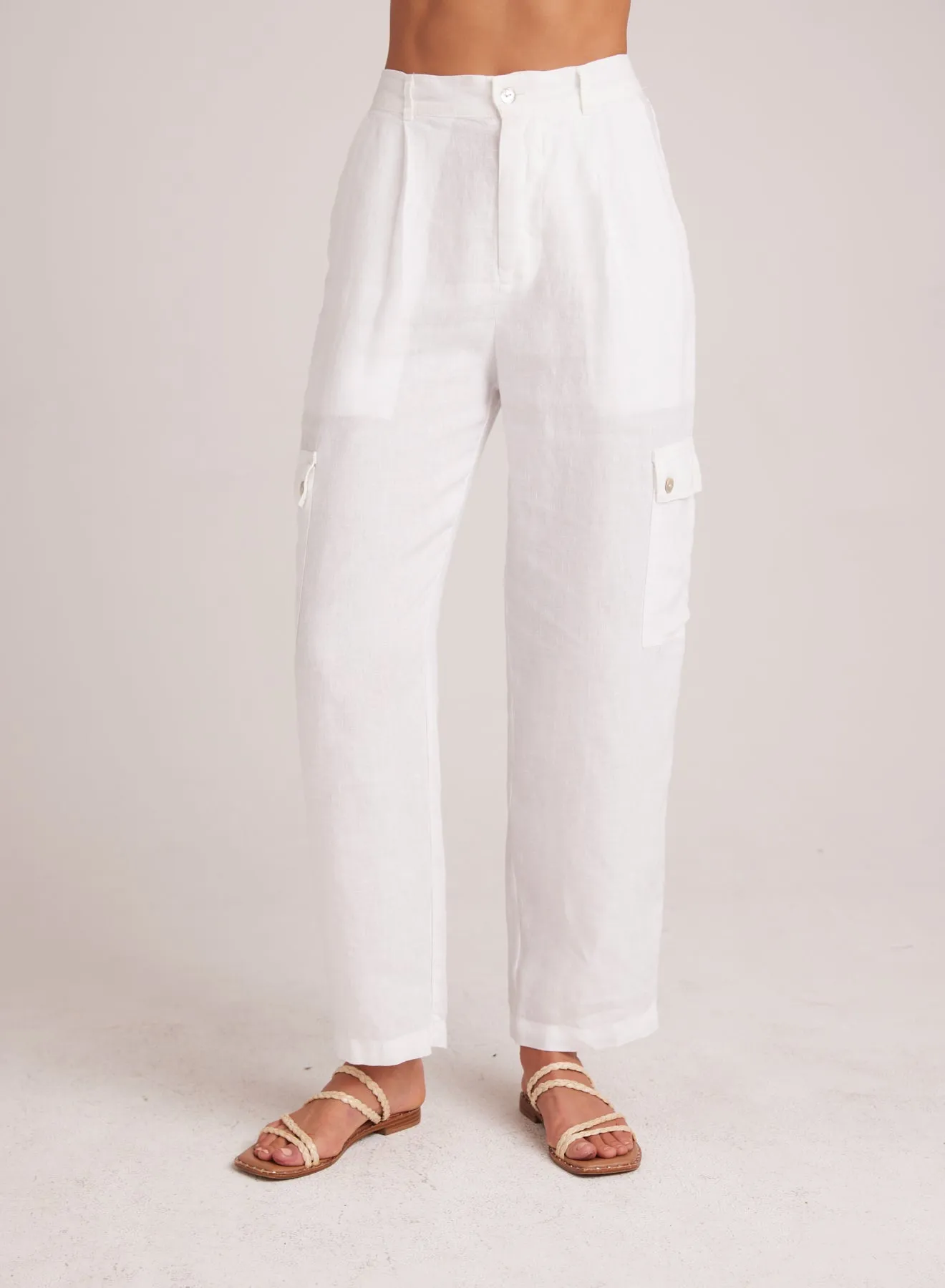 Pleated Linen Cargo Trousers - White