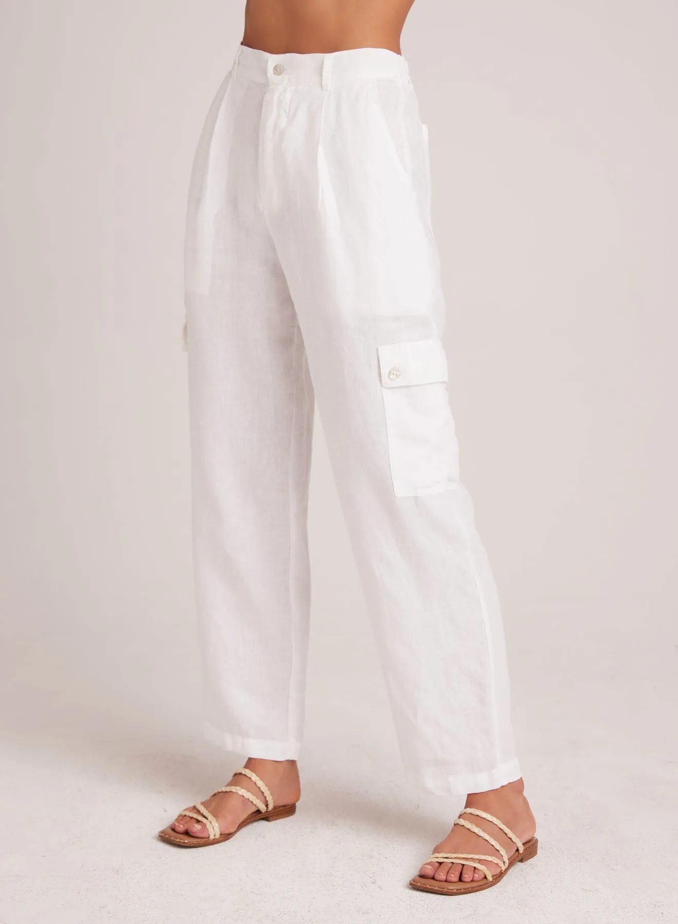 Pleated Linen Cargo Trousers - White