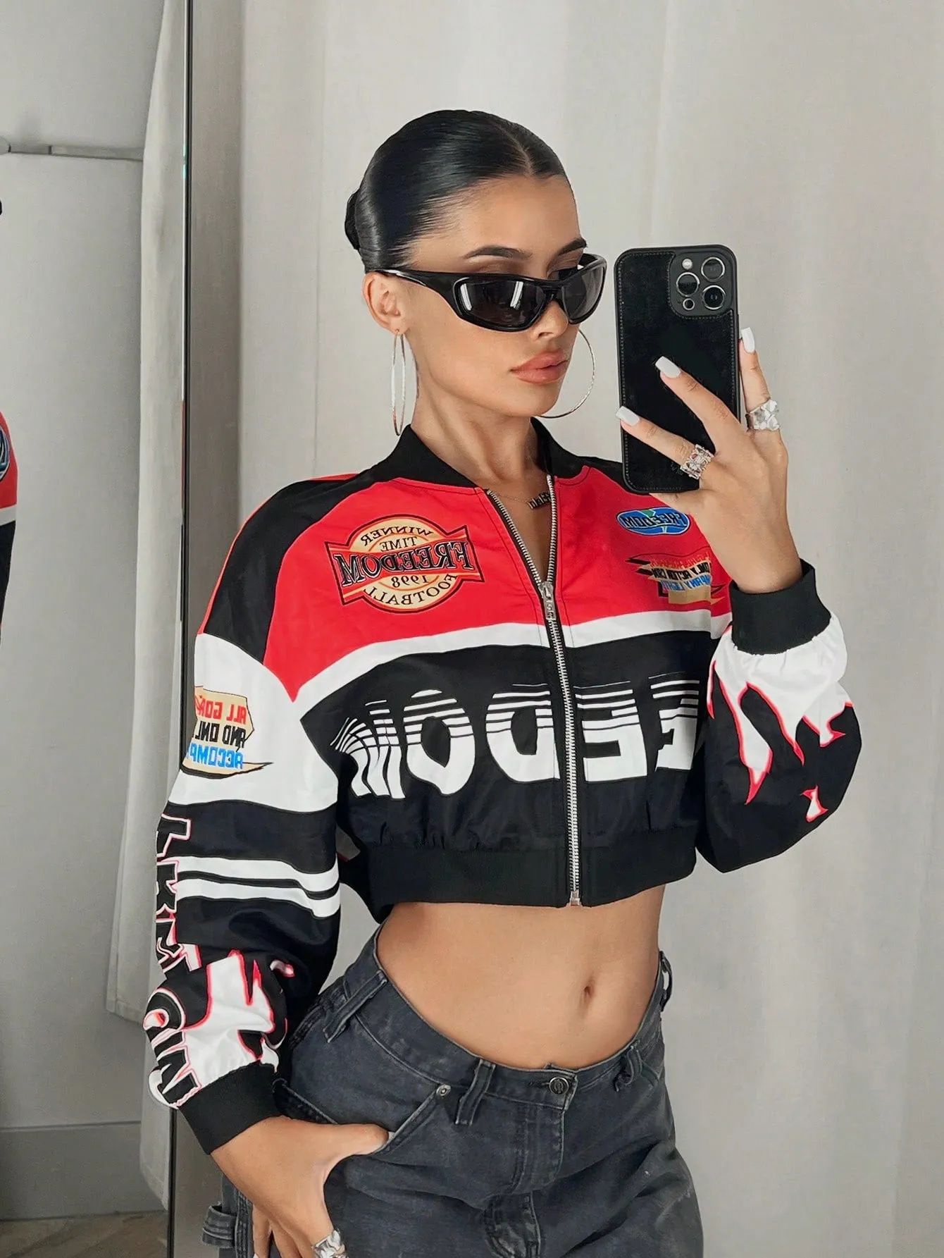 Racer Colorblock Crop Bomber Jacket