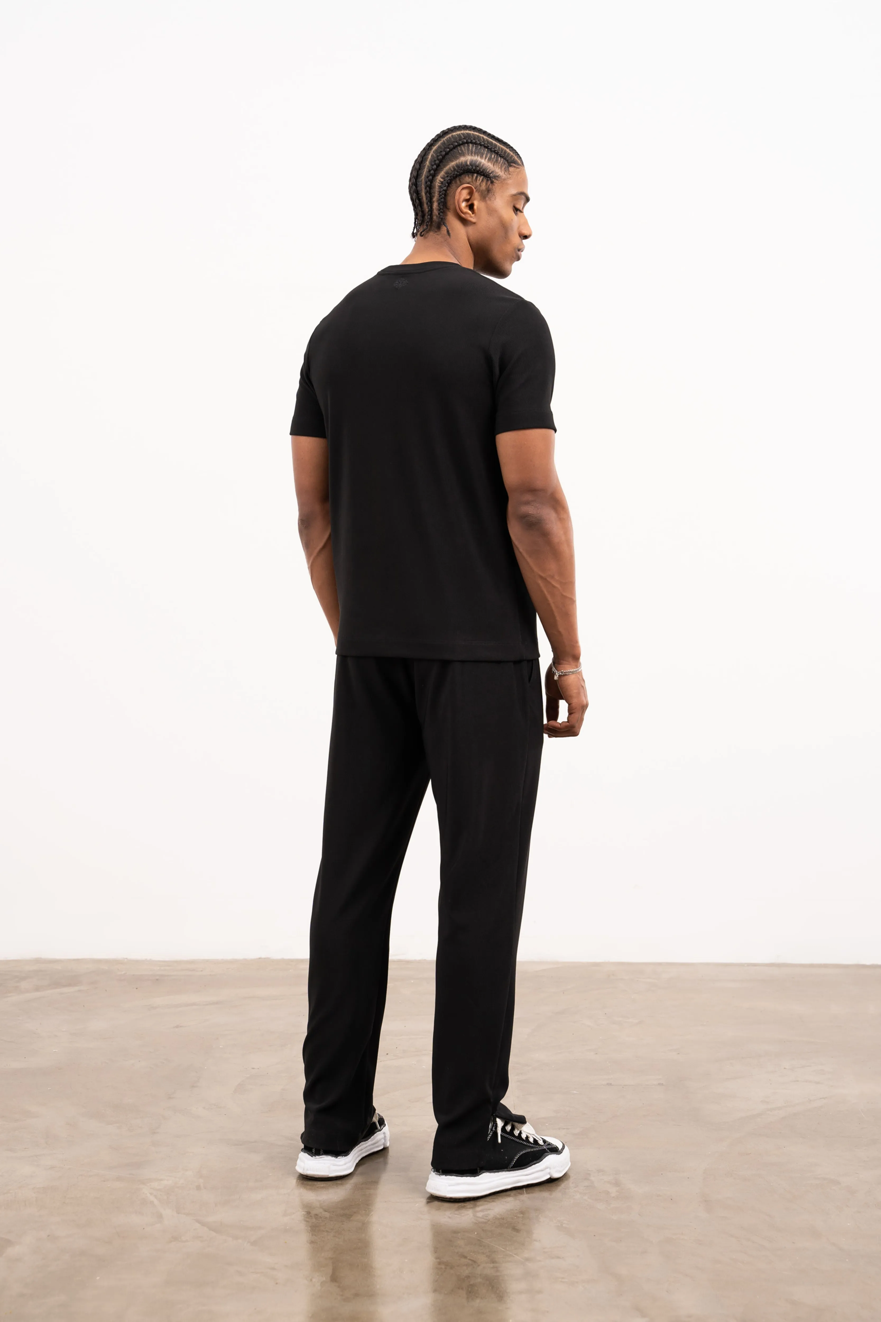 RIB TEXTURED TAPERED TROUSERS - BLACK