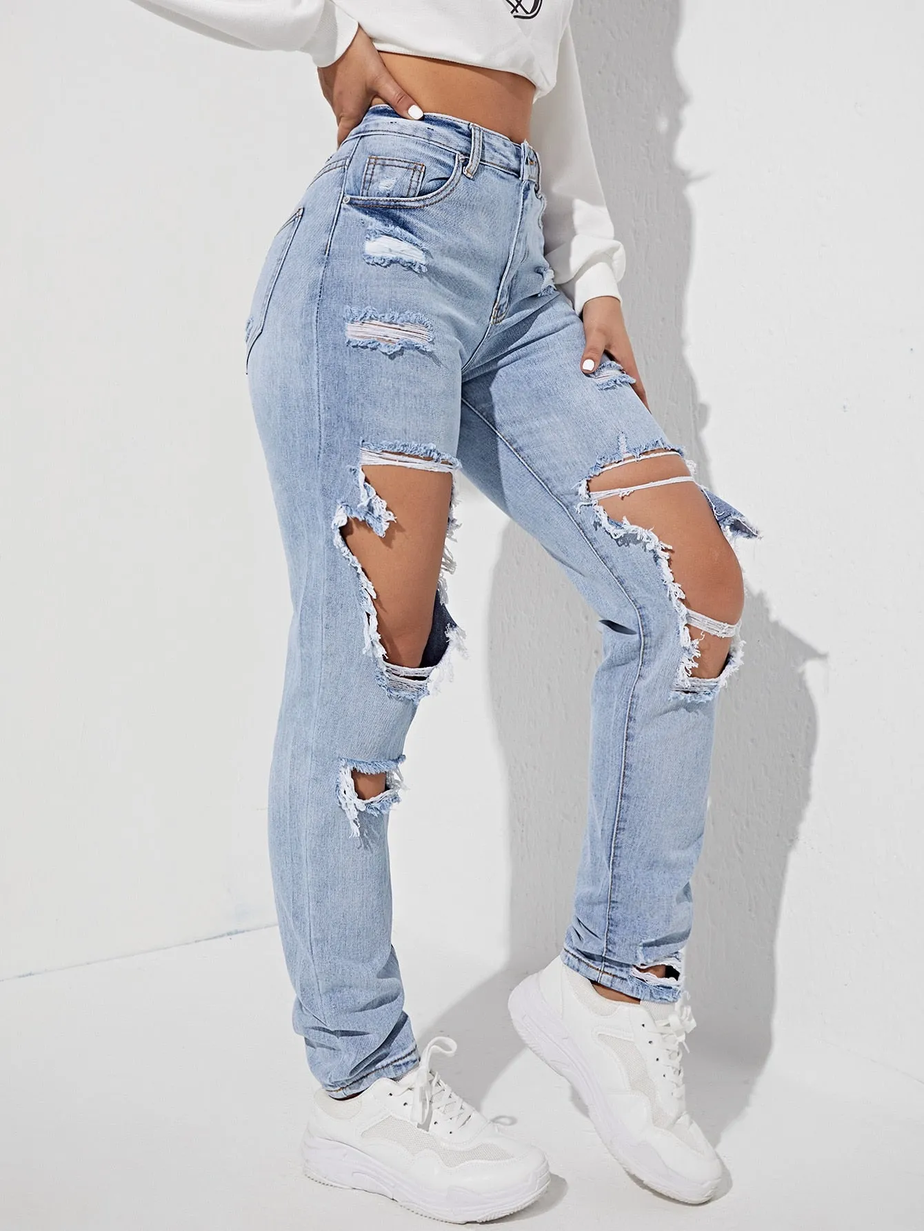 Ripped Detail Straight Leg Jeans