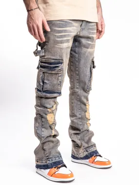 WASHED FLARED CARGO JEANS